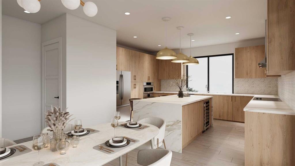 This is a rendering of a modern kitchen and dining area with light wood cabinetry — 2168 9TH AVENUE N UNIT 5, ST PETERSBURG, FL
