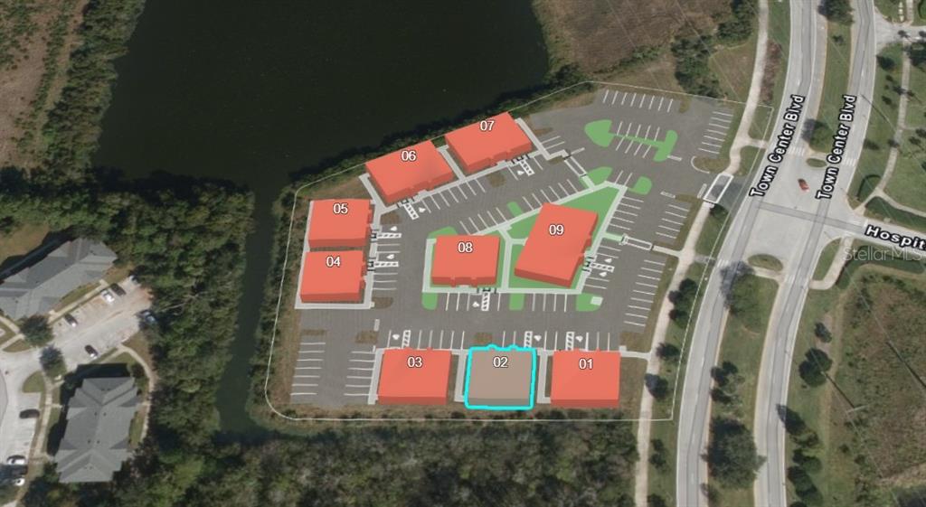 This is an aerial rendering of a commercial property site plan with numbered building lots — 80 EXCHANGE LOOP LOOP UNIT 2, PALM COAST, FL