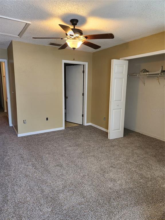 A bedroom features tan walls, gray carpeting, a ceiling fan, and an open closet — 10815 BRICKSIDE COURT, RIVERVIEW, FL