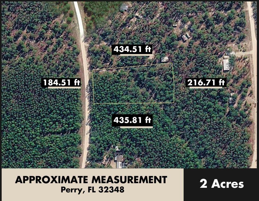 An aerial map shows a rectangular plot of land with its boundary dimensions labeled in feet — KEY DEER COURT, PERRY, FL