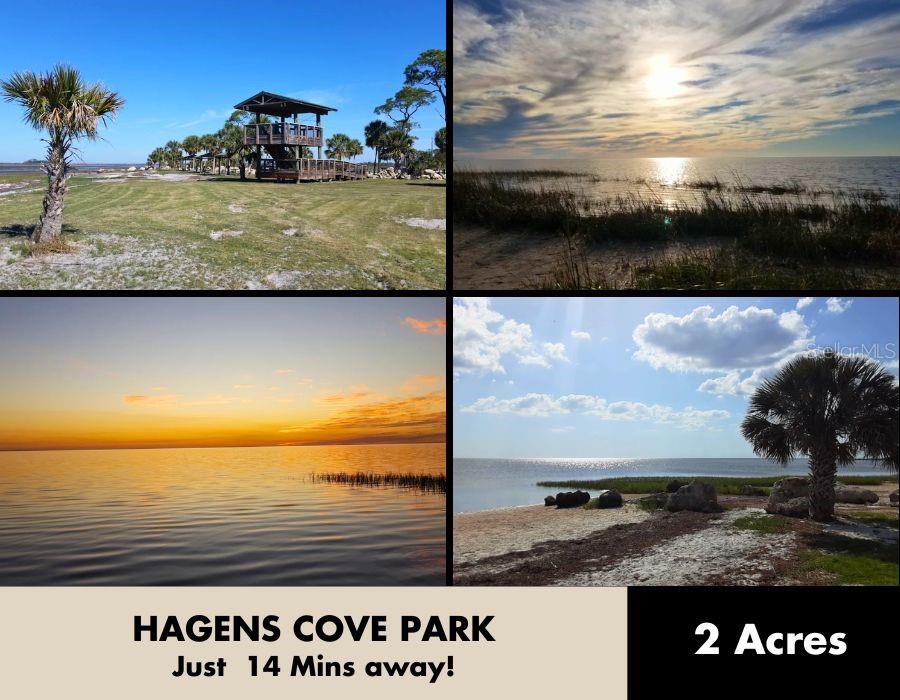 A collage shows four outdoor views of a coastal park with a wooden observation tower — KEY DEER COURT, PERRY, FL