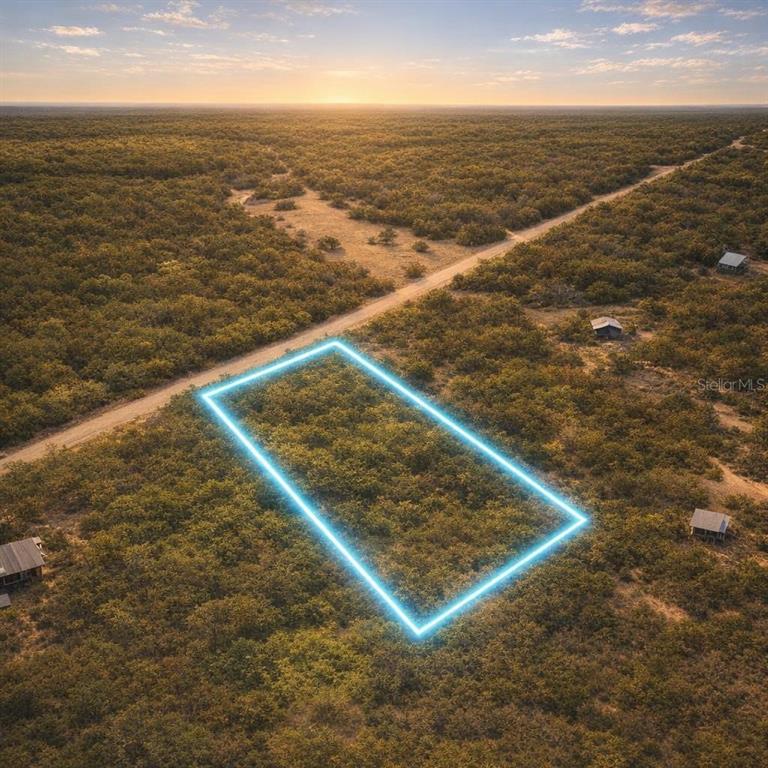 An aerial view shows a rectangular plot of land outlined in blue near a dirt road — KEY DEER COURT, PERRY, FL