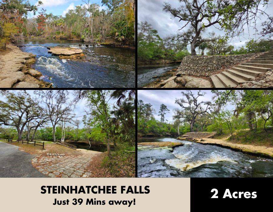 A collage of four photos shows a river with rocky falls, stone steps, and wooded surroundings — KEY DEER COURT, PERRY, FL