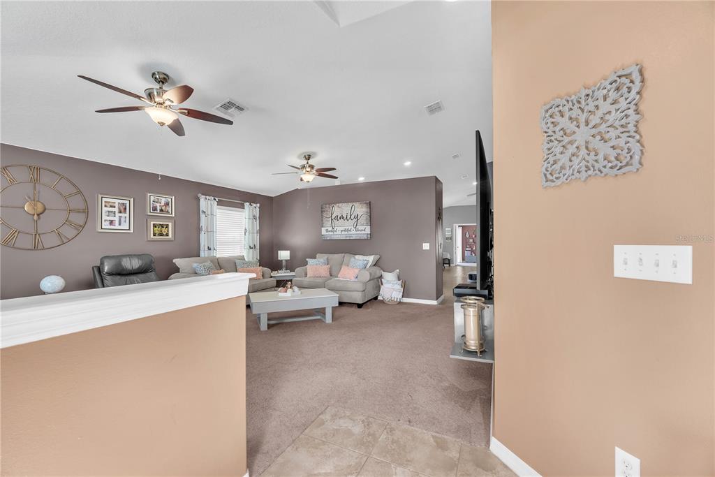 A living room features brown walls, carpeted flooring, two ceiling fans, and neutral-toned furniture — 10904 RAINBOW PYRITE DRIVE, WIMAUMA, FL
