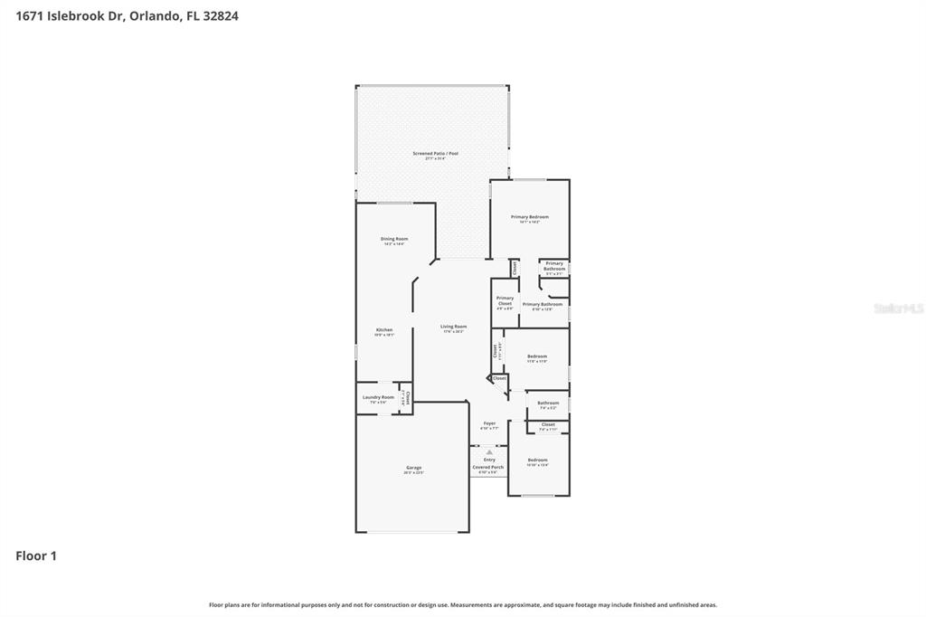 This is a floor plan for a single-story residential home with a garage and patio — 1671 ISLEBROOK DRIVE, ORLANDO, FL