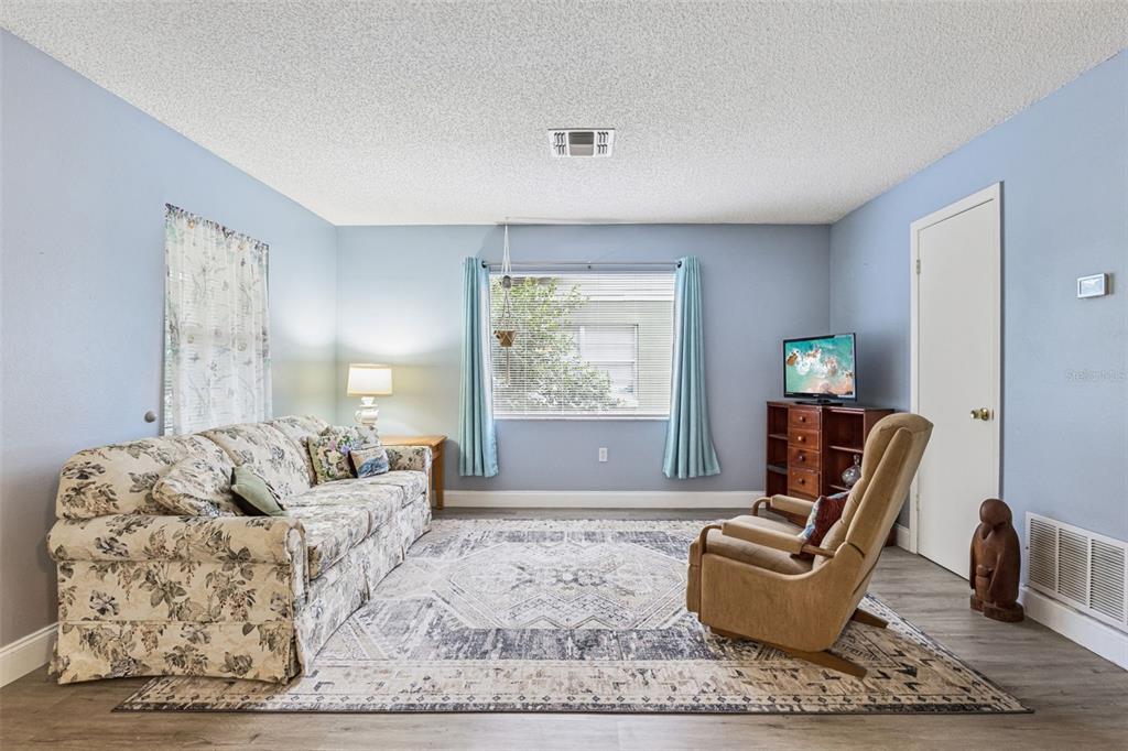 A living room features light blue walls, a floral sofa, a recliner, and a patterned rug — 690 E JACKSON AVENUE, MOUNT DORA, FL