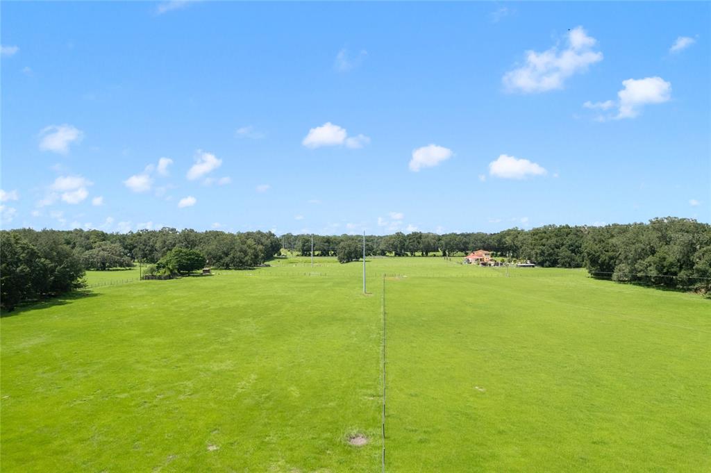 A wide, grassy pasture is divided by a fence under a bright blue sky — CR 552, BUSHNELL, FL
