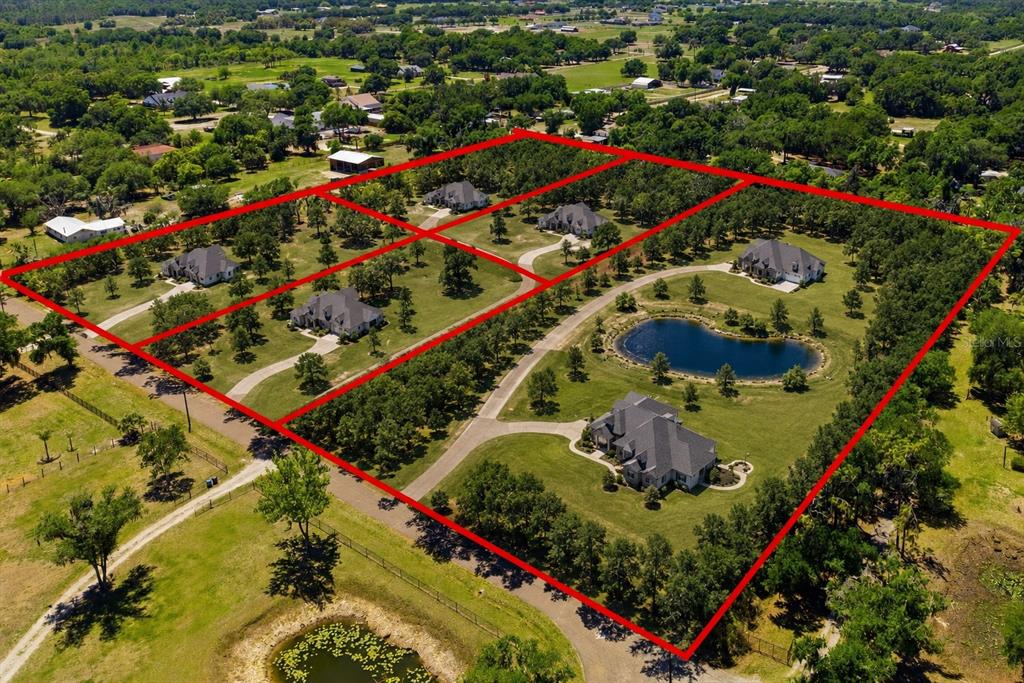 An aerial view shows several large houses on expansive, tree-filled lots outlined in red — 19084 RED BIRD LANE LOT 3, LITHIA, FL