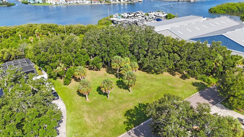 An aerial view shows a grassy lot with palm trees surrounded by trees and buildings — 145TH LANE, LARGO, FL