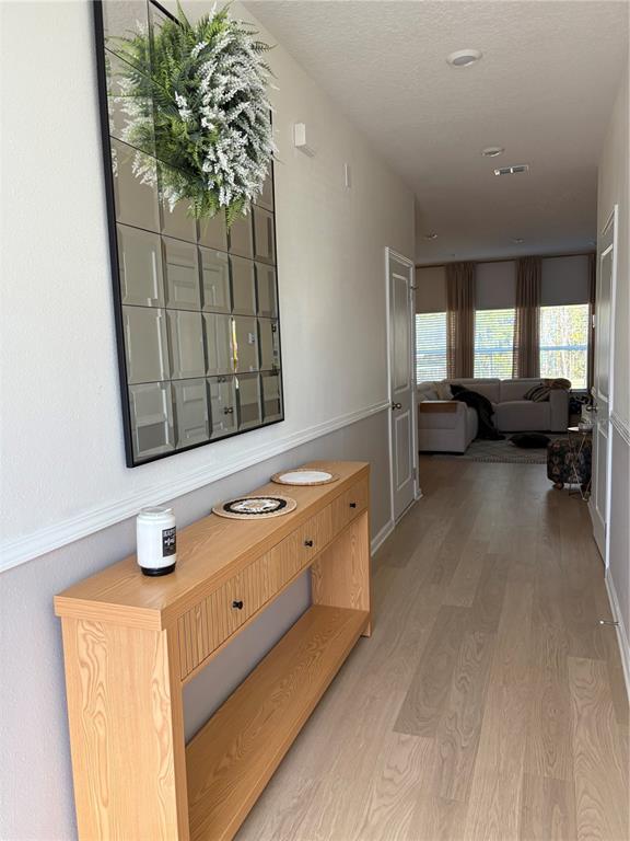 A hallway features a light wood console table, a large grid mirror, and light flooring — 1165 BROOK FOREST DRIVE, ST AUGUSTINE, FL