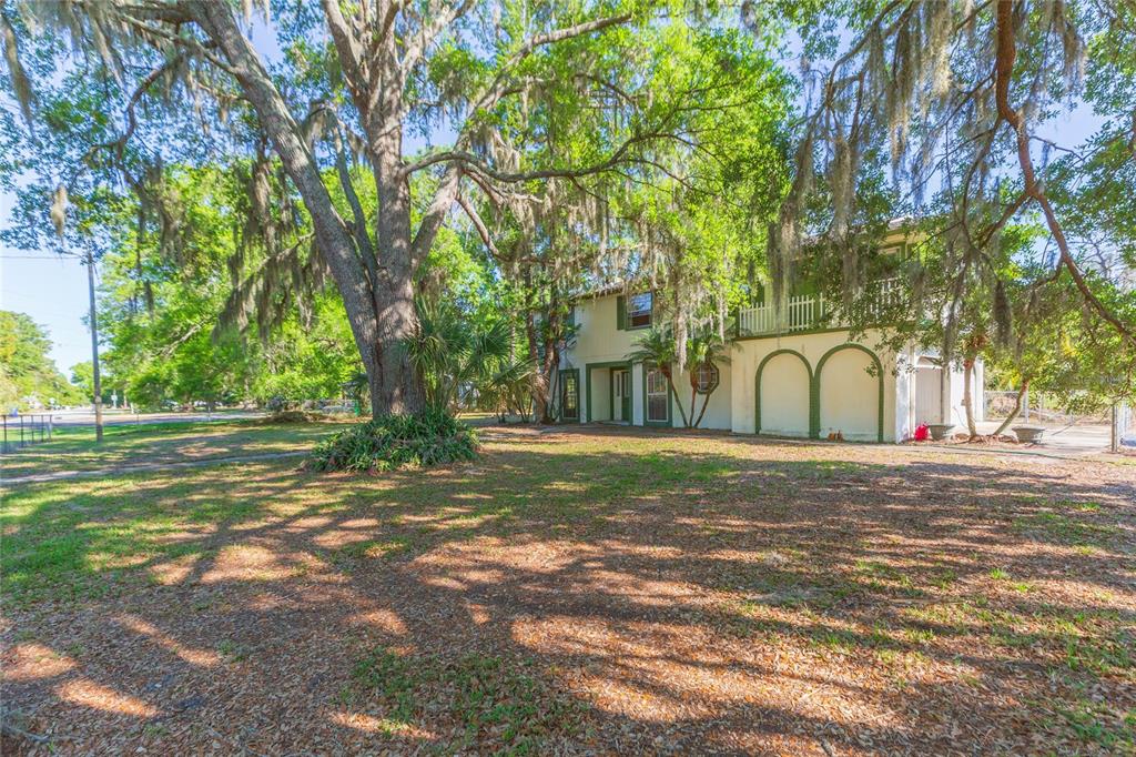 A two-story house with arched ground-floor openings sits behind a large tree with Spanish moss — 17616 EAGLE LANE, LUTZ, FL