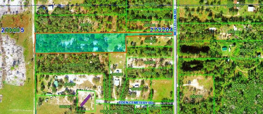 This is an aerial map showing property boundaries and parcel numbers in a rural area — 760 MCCLELLAN ROAD, FROSTPROOF, FL