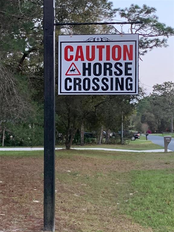 A sign hanging from a black post reads Caution Horse Crossing in a grassy yard — 2564 W MUSTANG BOULEVARD, BEVERLY HILLS, FL
