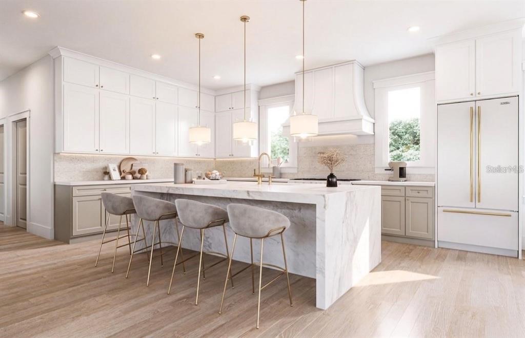 This is a rendering of a modern kitchen featuring white cabinets, marble countertops, and barstools — 4185 ROBERTS POINT CIRCLE, SARASOTA, FL