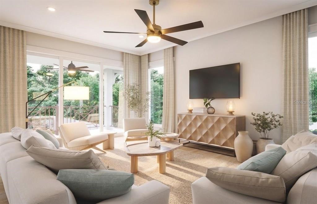 This is a rendering of a modern living room featuring a sofa, chairs, and television — 4185 ROBERTS POINT CIRCLE, SARASOTA, FL