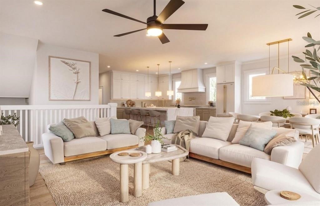 This is a rendering of an open-concept living room and kitchen with neutral-toned furniture — 4185 ROBERTS POINT CIRCLE, SARASOTA, FL