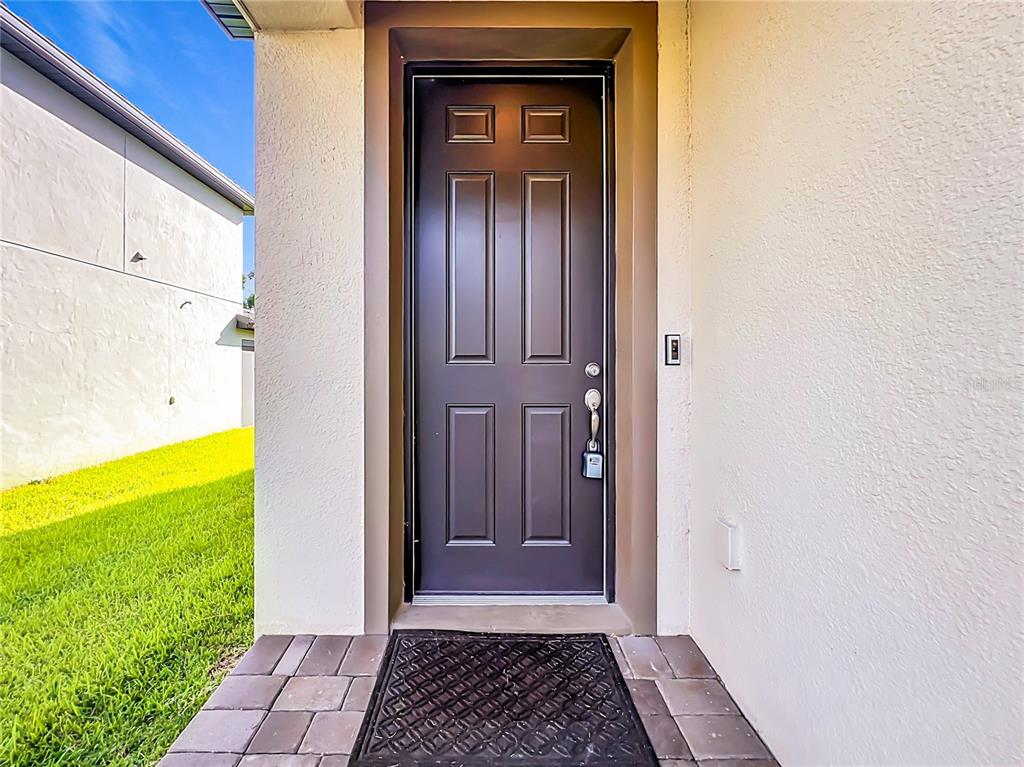 A dark brown six-panel front door with a silver handle sits under a covered entryway — 2471 SKY STONE COURT, OAKLAND, FL