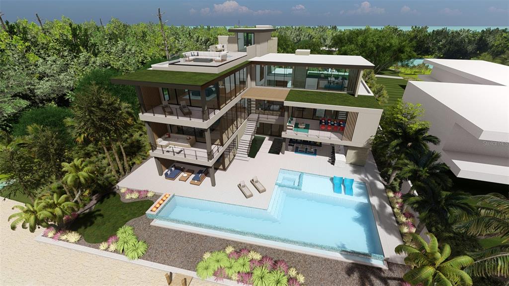 This architectural rendering shows a multi-story modern house with a pool and rooftop deck — 1521 BAY POINT DRIVE, SARASOTA, FL