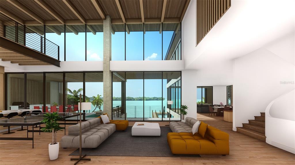 This rendering shows a modern open-concept living room with floor-to-ceiling windows overlooking the water — 1521 BAY POINT DRIVE, SARASOTA, FL