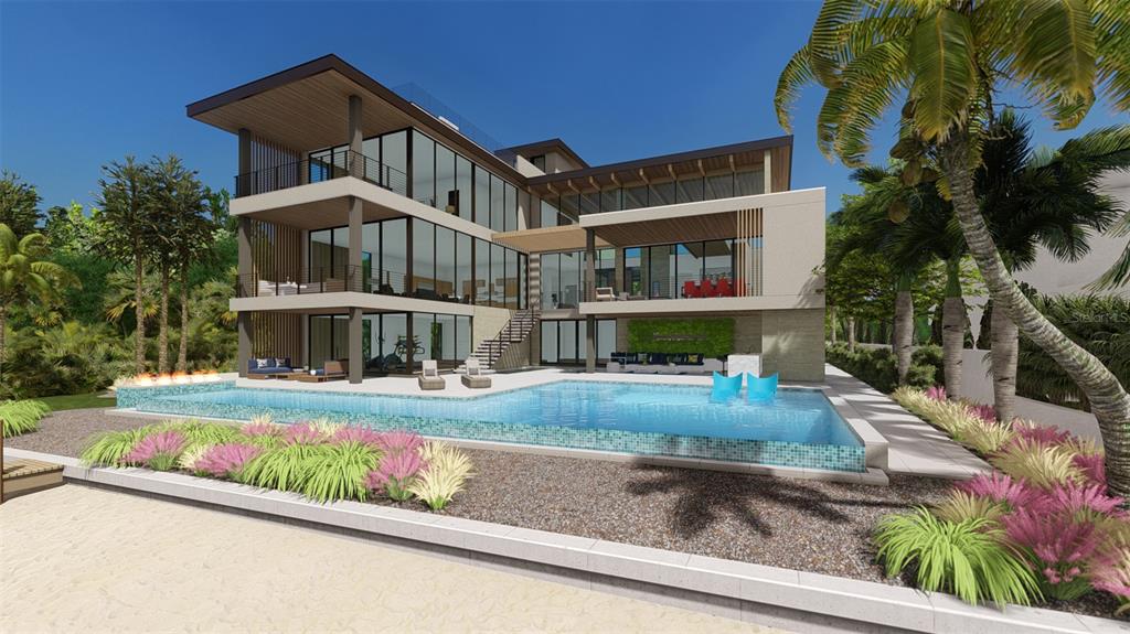 A digital rendering of a modern three-story luxury home featuring a pool and beach access — 1521 BAY POINT DRIVE, SARASOTA, FL