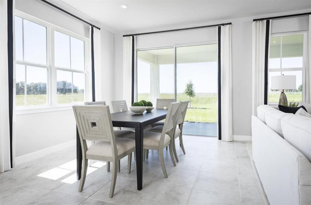 A dining area with a dark wood table, light chairs, and large windows overlooking a field — 8458 SWAN VIEW CIRCLE, LEESBURG, FL