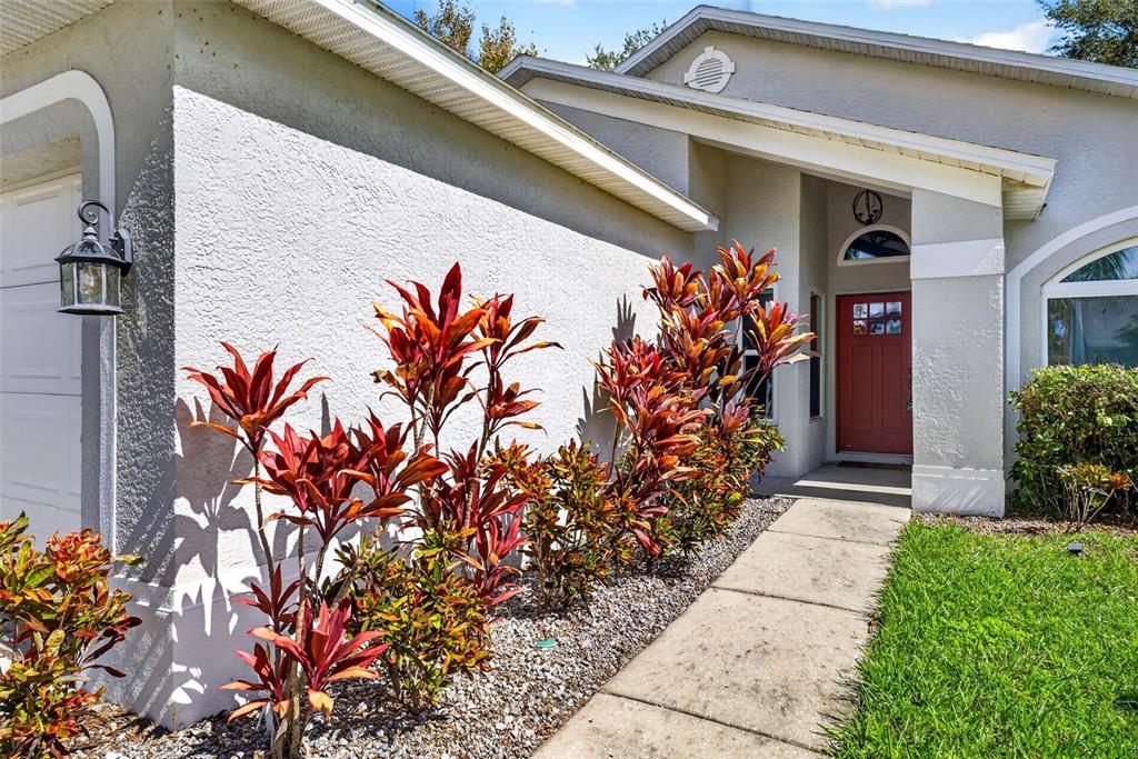 The exterior of a house features a red front door, a concrete walkway, and landscaping — 1721 SPLIT FORK DRIVE, OLDSMAR, FL