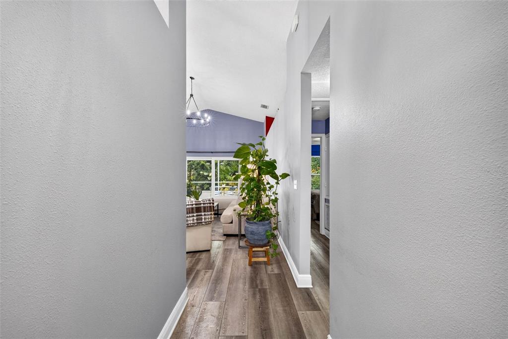 A hallway with wood-look flooring leads to a living room with a vaulted ceiling — 1721 SPLIT FORK DRIVE, OLDSMAR, FL