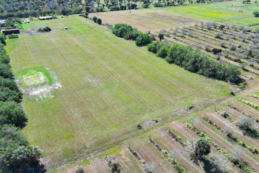 An aerial view shows a large, open grassy field bordered by trees and agricultural rows — 0 DAVIS ROAD, MIMS, FL