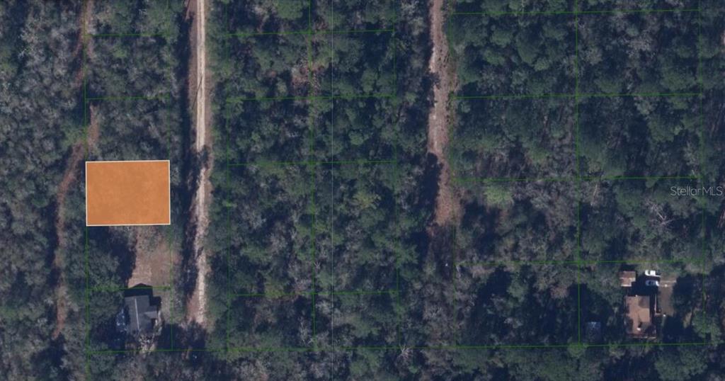 This aerial map shows a wooded lot with a red-outlined rectangle and directional arrow — 131 ORANGE DRIVE, FLORAHOME, FL