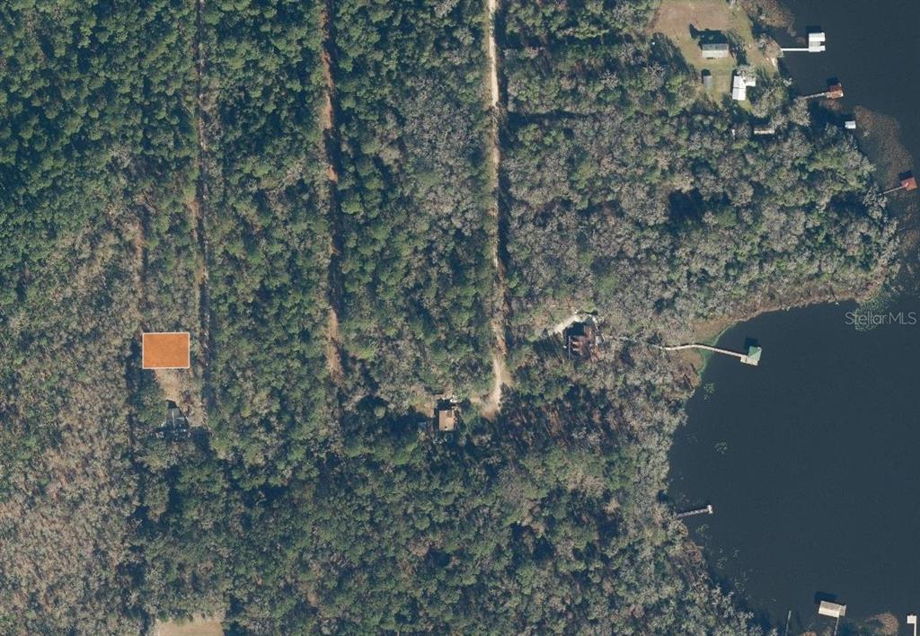 An aerial view shows a wooded lot with a house and a dock on a lake — 131 ORANGE DRIVE, FLORAHOME, FL