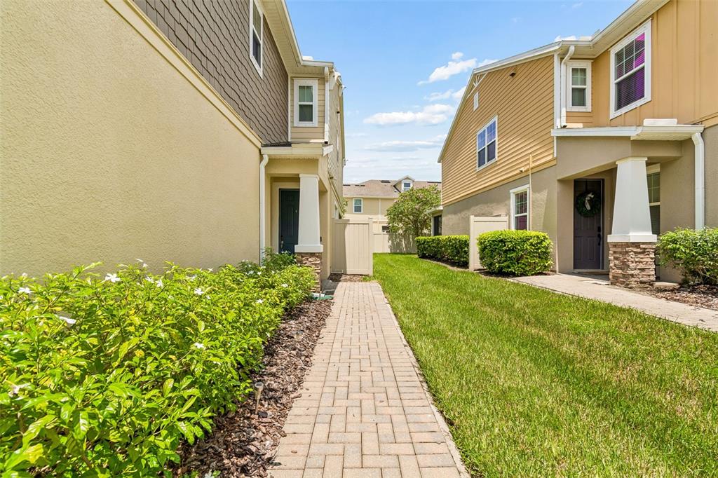 A paved walkway leads between two multi-story townhomes with landscaped bushes and grass — 18907 CORNUTA STREET, LUTZ, FL