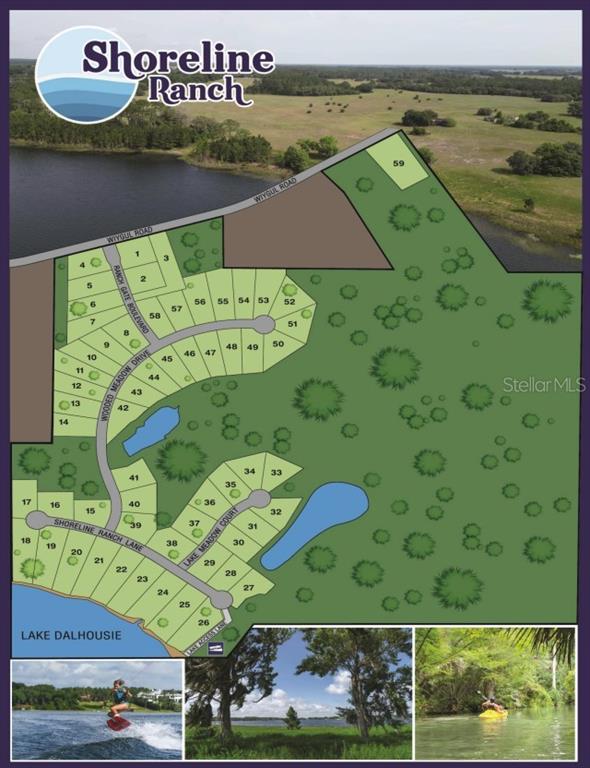 This is a site map of the Shoreline Ranch residential development showing numbered lots — 38521 WOODED MEADOW DRIVE, UMATILLA, FL