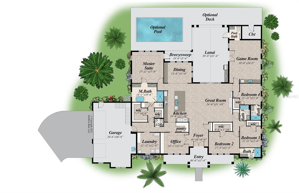 This is a floor plan for a single-story house with a garage, pool, and lanai — 1092 TALLACOE TRAIL, NEW SMYRNA BEACH, FL