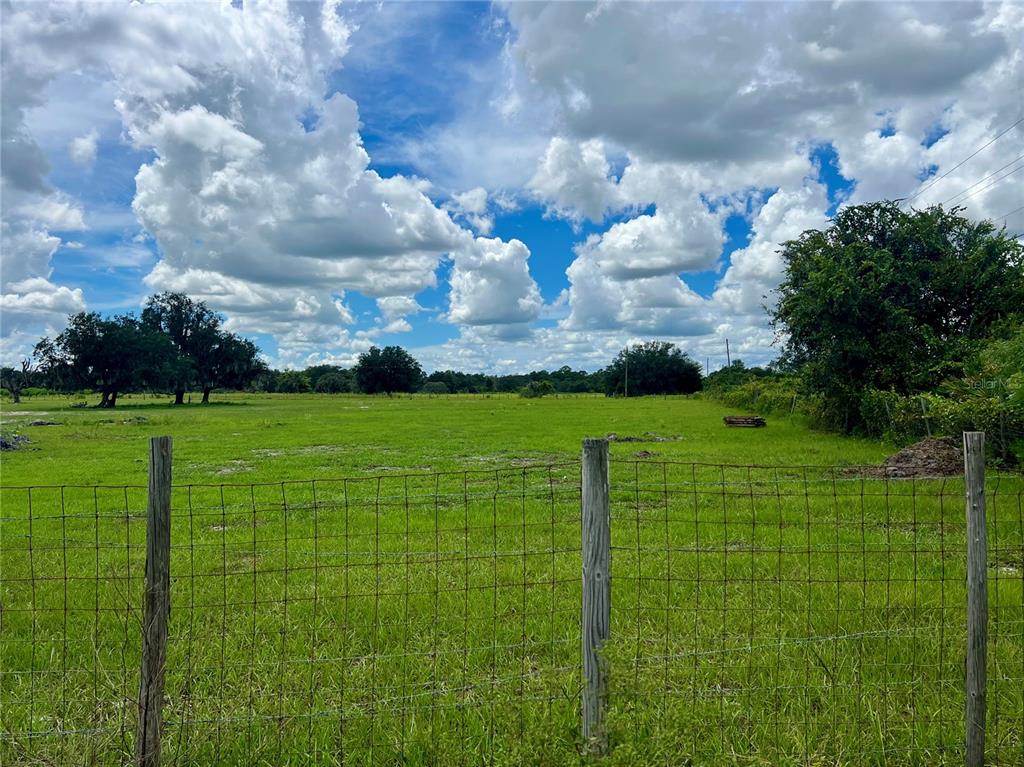 A wire fence encloses a large, grassy field under a bright, cloudy blue sky — ALTURAS BABSON PARK CUT-OFF, BARTOW, FL