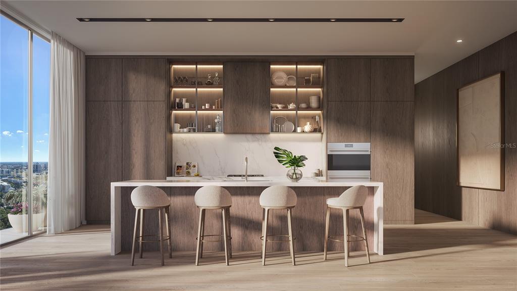 This rendering shows a modern kitchen with wood cabinetry, a marble backsplash, and a breakfast island — 668 QUAY COMMONS UNIT 1601, SARASOTA, FL