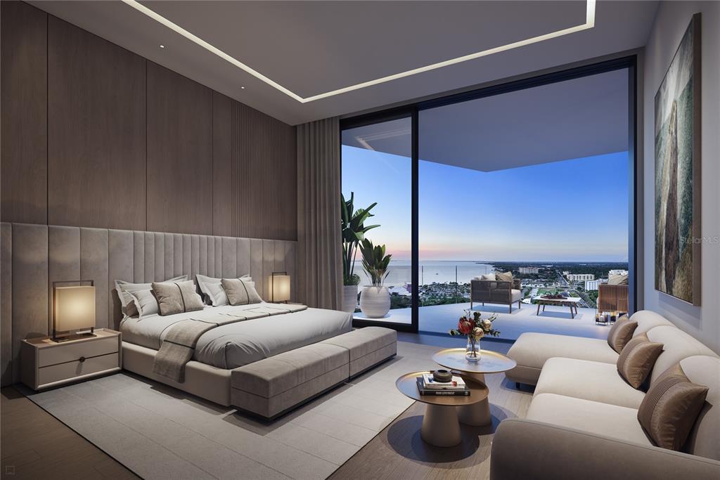 This rendering shows a modern bedroom with a balcony overlooking the ocean at sunset — 668 QUAY COMMONS UNIT 1601, SARASOTA, FL