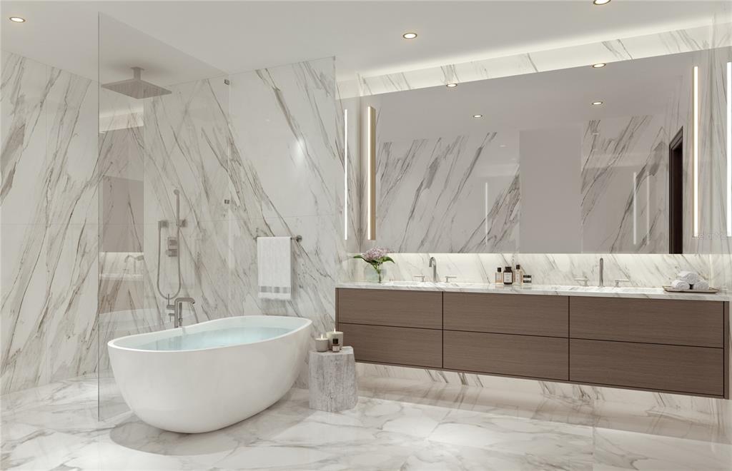 This rendering shows a modern bathroom with marble walls, a soaking tub, and double vanity — 668 QUAY COMMONS UNIT 1601, SARASOTA, FL