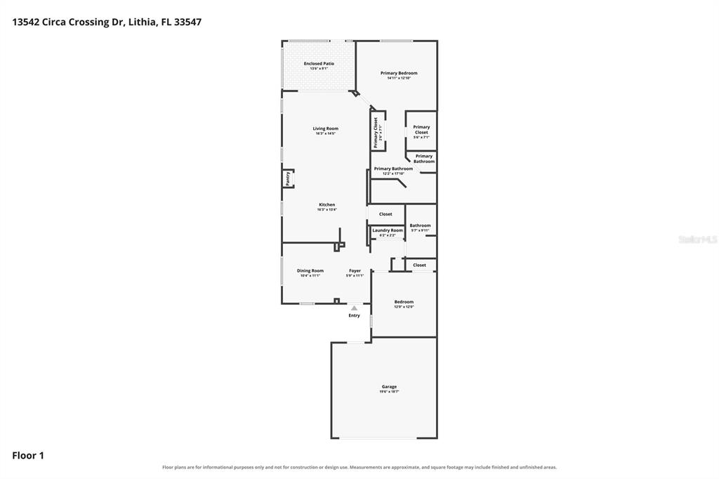 This is a floor plan showing the layout of a single-story residential home — 13542 CIRCA CROSSING DRIVE, LITHIA, FL