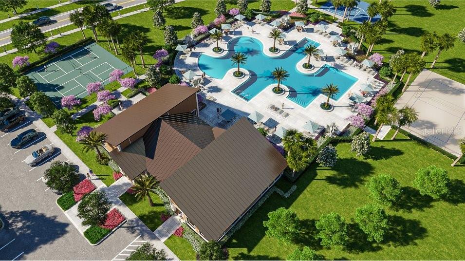 This rendering shows a community amenity center with a swimming pool, tennis court, and parking — 2850 PIONEER TRAIL, EAGLE LAKE, FL