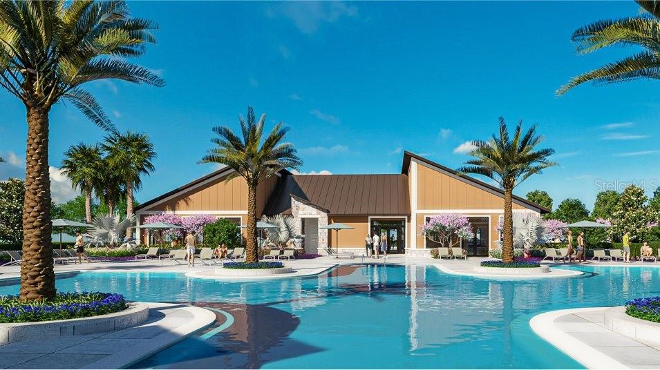 This is a rendering of a community clubhouse exterior featuring a pool and palm trees — 2850 PIONEER TRAIL, EAGLE LAKE, FL