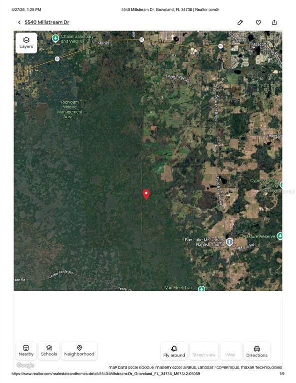 This is a satellite map view showing a property location within a rural, wooded area — 5540 MILLSTREAM DRIVE, GROVELAND, FL