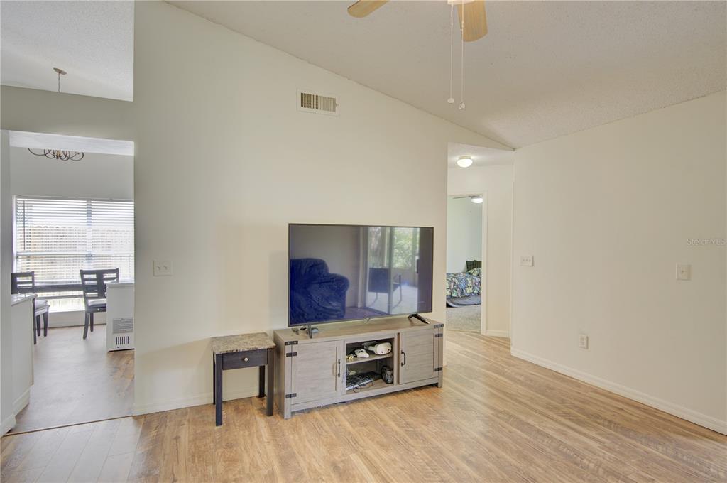 A living room features a television on a console, light wood flooring, and vaulted ceilings — 538 QUEENSBRIDGE DRIVE, LAKE MARY, FL