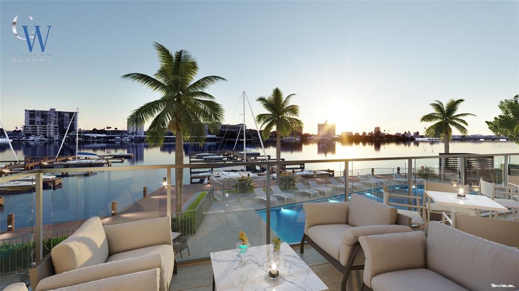 This rendering shows a balcony with lounge seating overlooking a swimming pool and a marina — 411 E SHORE DRIVE UNIT 501, CLEARWATER BEACH, FL