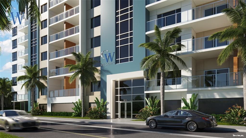 This is a rendering of the exterior of a modern multi-story resort building with palm trees — 411 E SHORE DRIVE UNIT 501, CLEARWATER BEACH, FL