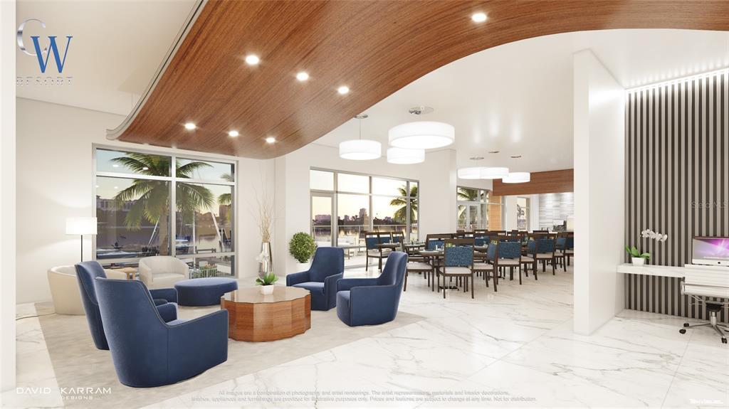 This rendering shows a modern lobby with blue armchairs, a wood-paneled ceiling, and dining tables — 411 E SHORE DRIVE UNIT 501, CLEARWATER BEACH, FL