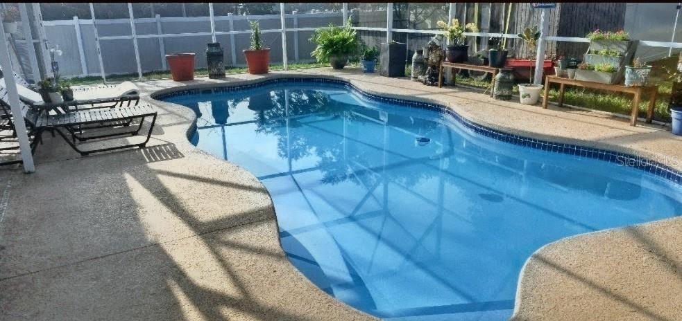 A swimming pool with a screen enclosure and lounge chairs on a concrete patio — 600 BRIARCLIFF ROAD, EUSTIS, FL