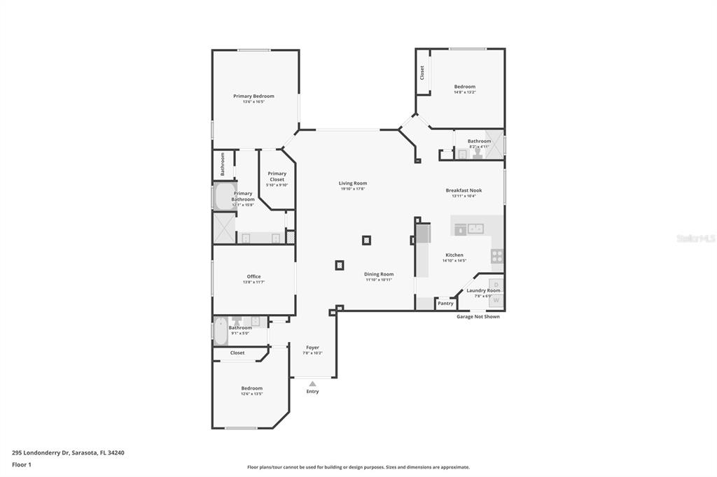 This is a floor plan for a single-story residential home with multiple bedrooms and bathrooms — 295 LONDONDERRY DRIVE, SARASOTA, FL
