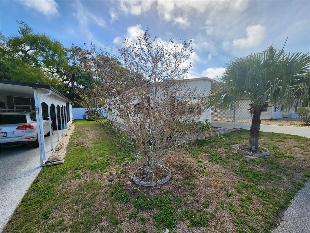 A side view of a mobile home with a carport, a bare tree, and landscaping — 808 53RD AVENUE E UNIT 191, BRADENTON, FL