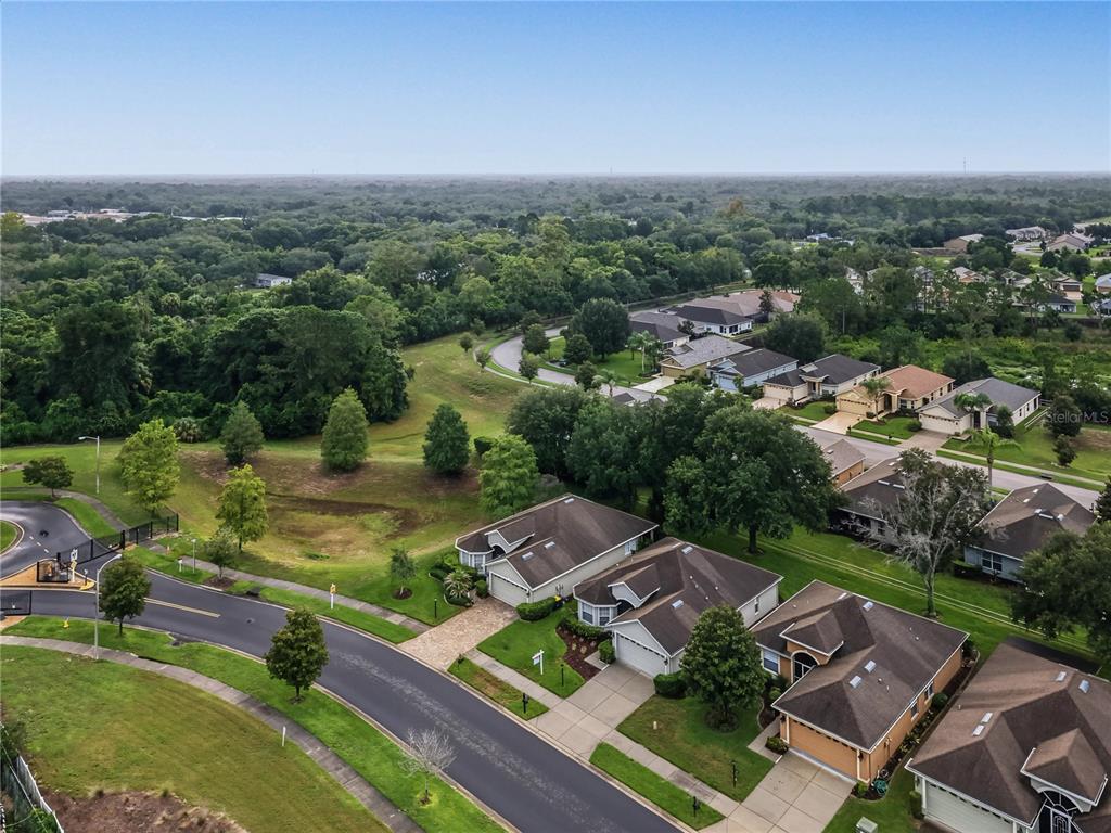 An aerial view shows a suburban neighborhood with houses, paved streets, and surrounding wooded areas — 11916 HERITAGE POINT DRIVE, HUDSON, FL