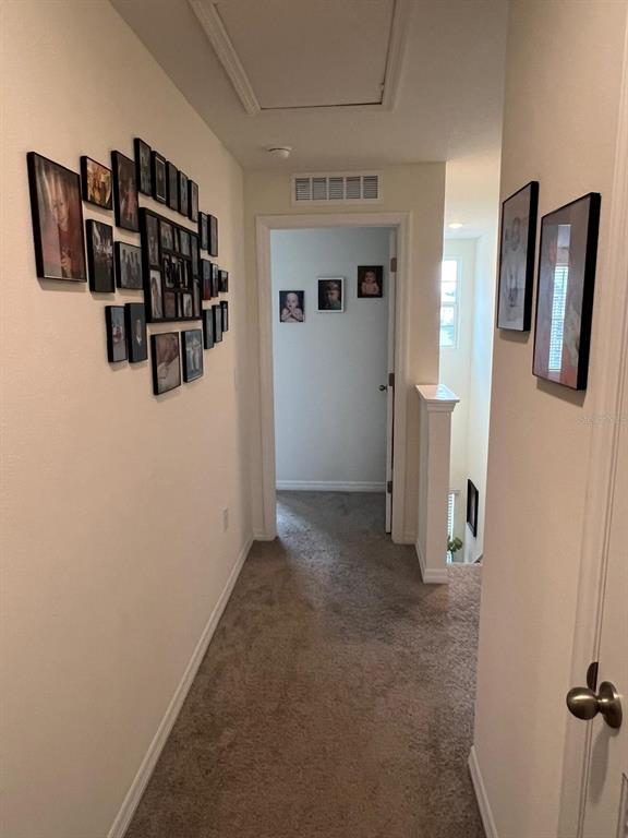 A carpeted hallway features a gallery wall of framed photos and leads to a doorway — 2755 BRIE HAMMOCK BEND, HARMONY, FL